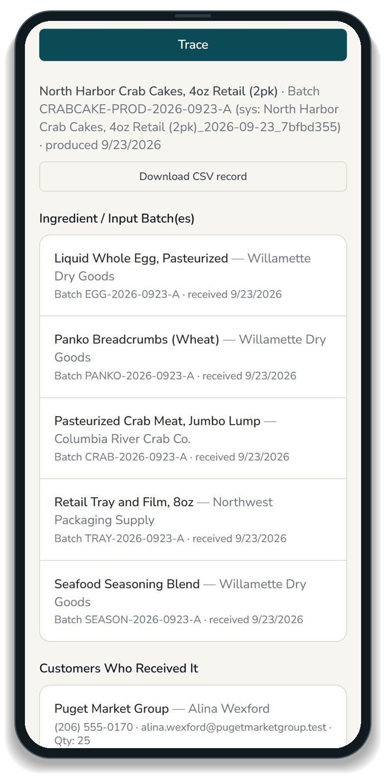 HACCP Builder LogiSafe lot trace on a phone