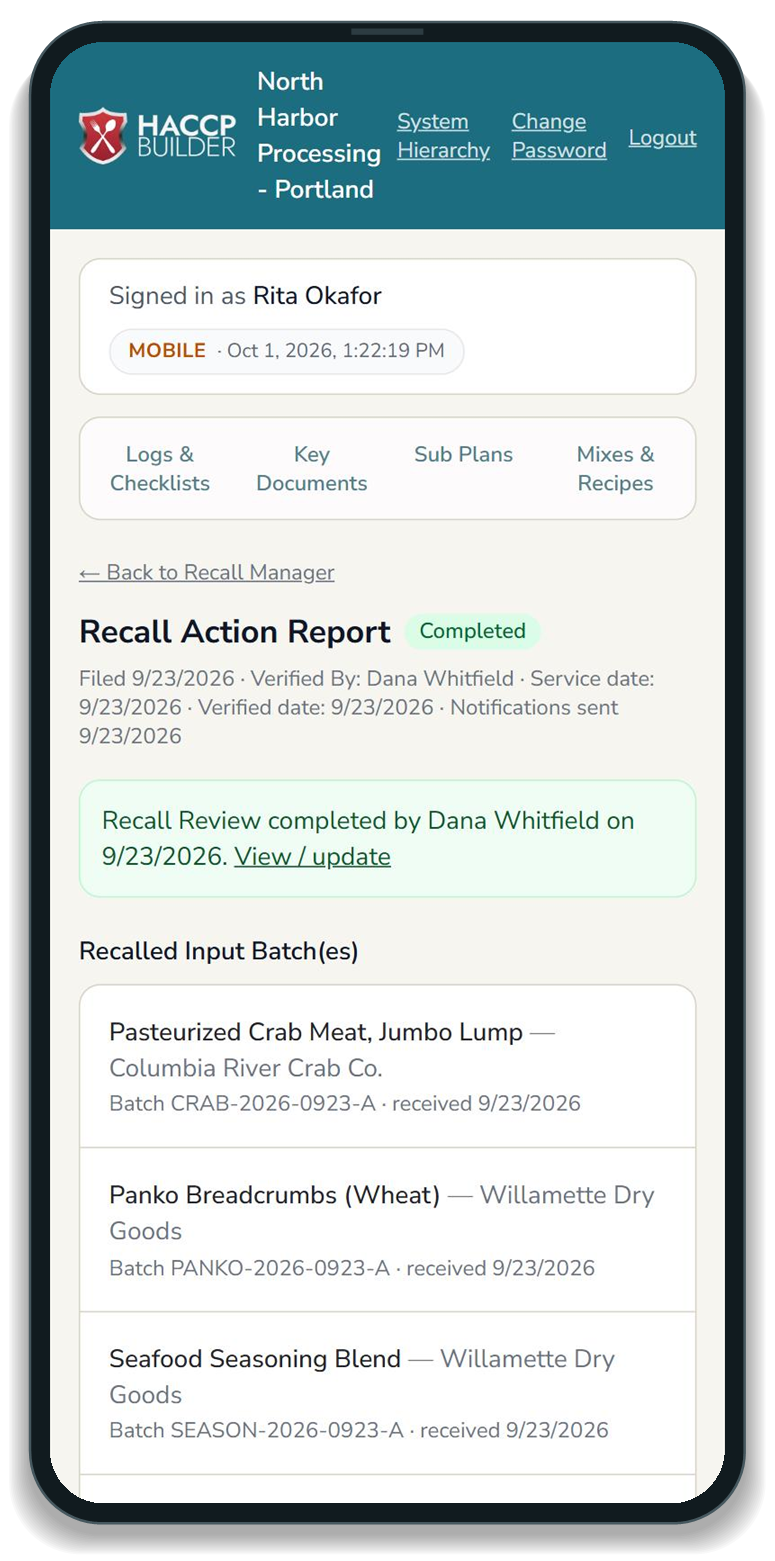 HACCP Builder LogiSafe recall action report on a phone